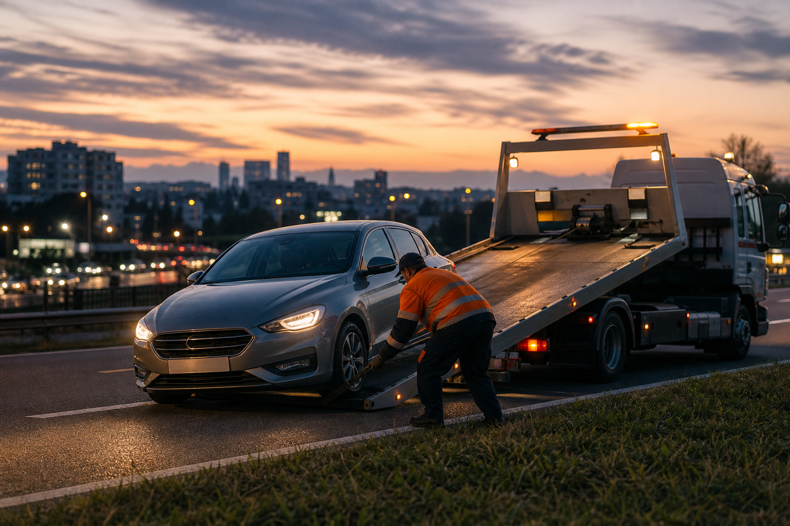 Assistance routiere au crepuscule avec vehicule depanne